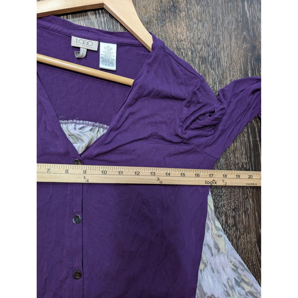 LOGO by Lori Goldstein Cardigan Womens Small Purple‎ Chiffon Back Button Front - Picture 5 of 6